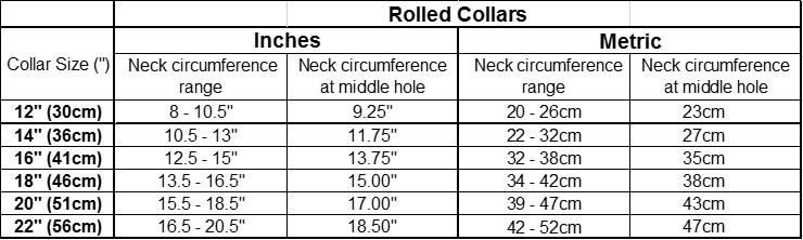 Rolled Collar Size Chart